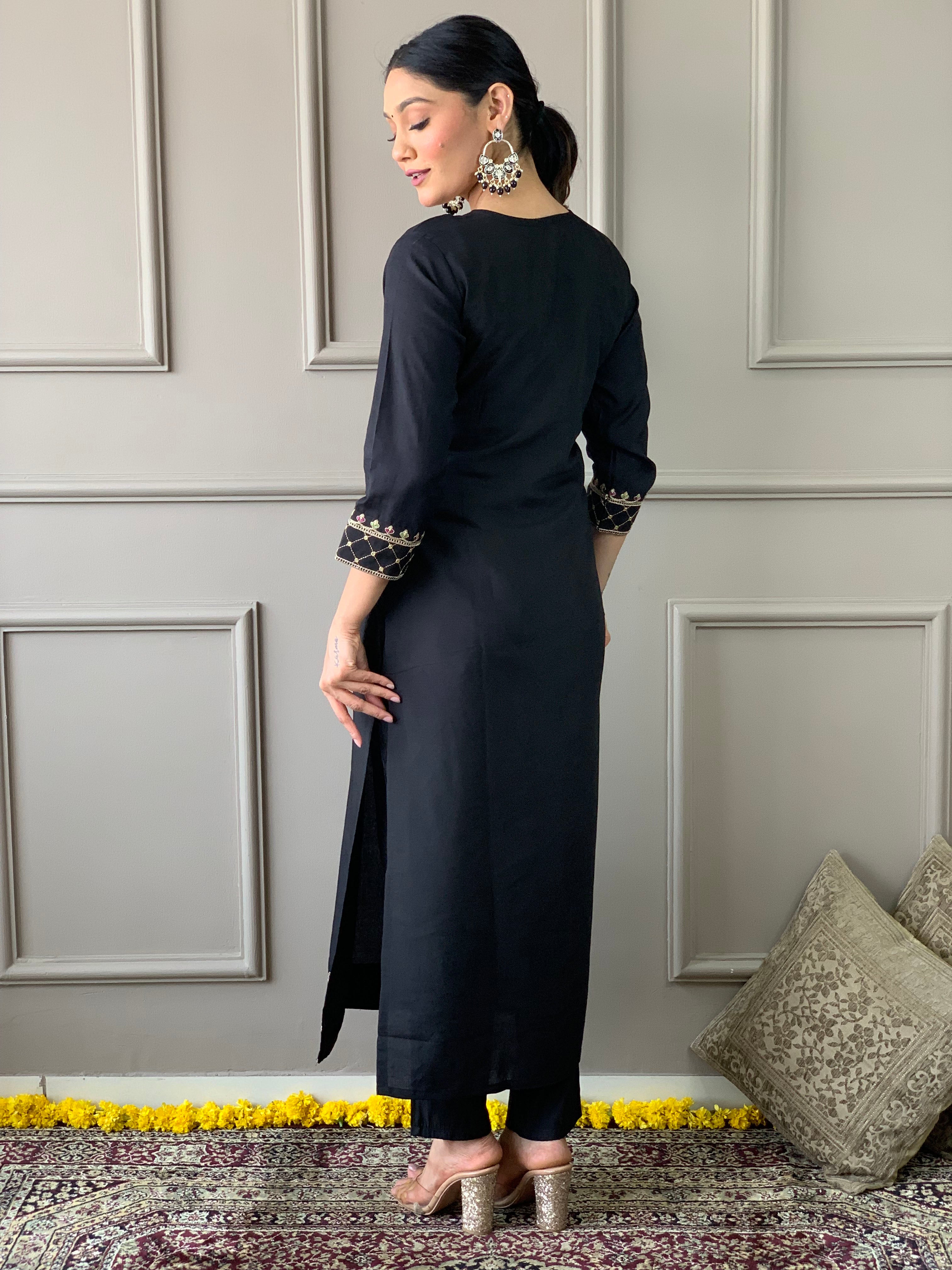 Black Viscose Chanderi Kurti Set with Floral Nylon Tebby Dupatta