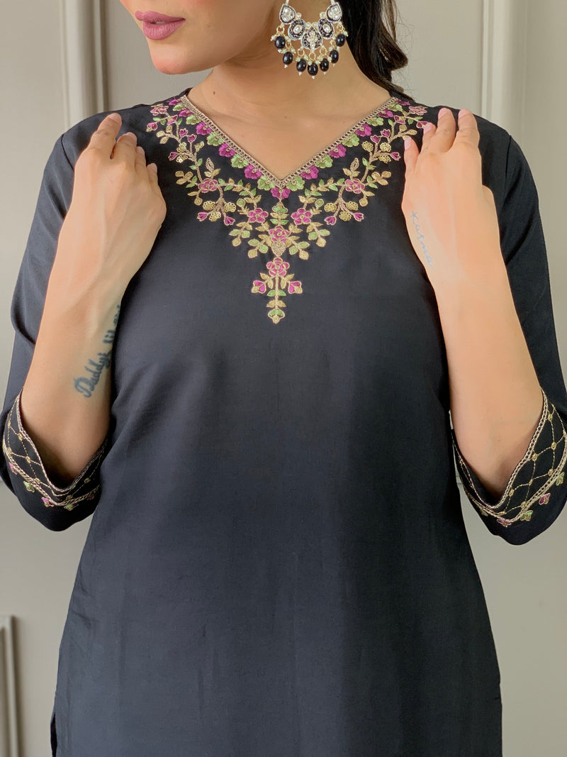 Black Viscose Chanderi Kurti Set with Floral Nylon Tebby Dupatta