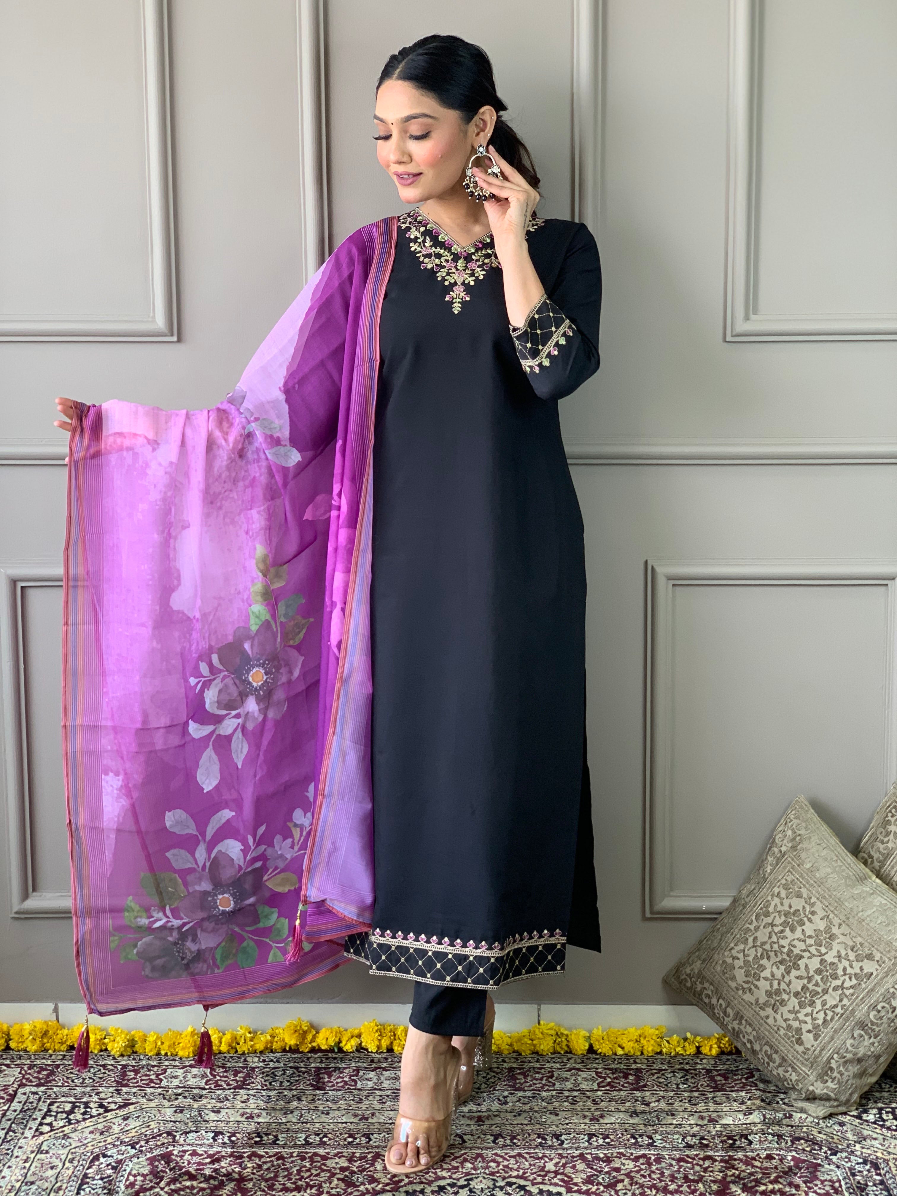 Black Viscose Chanderi Kurti Set with Floral Nylon Tebby Dupatta