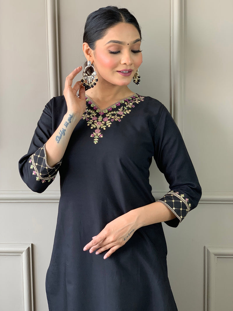 Black Viscose Chanderi Kurti Set with Floral Nylon Tebby Dupatta
