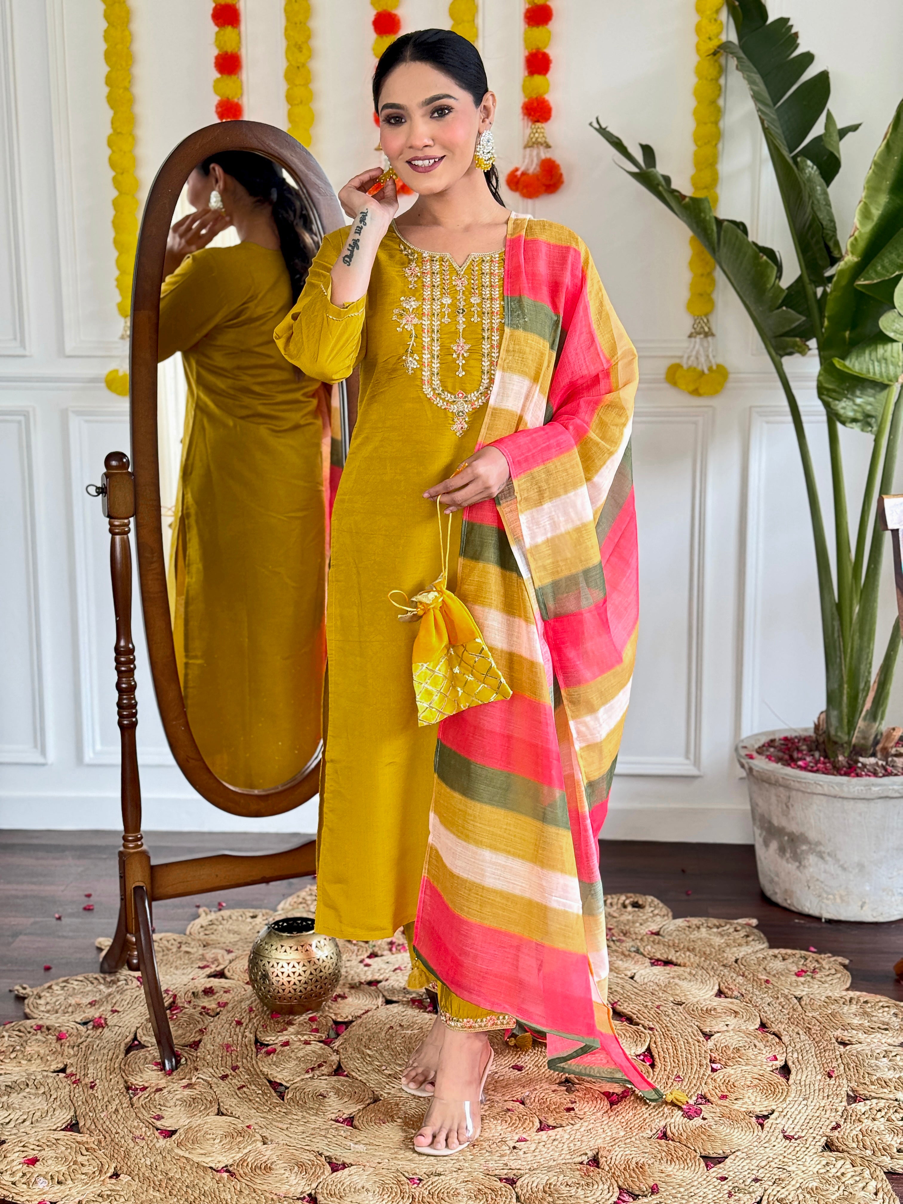 Yellow Chanderi Kurti Set with Striped Pure Linen Dupatta