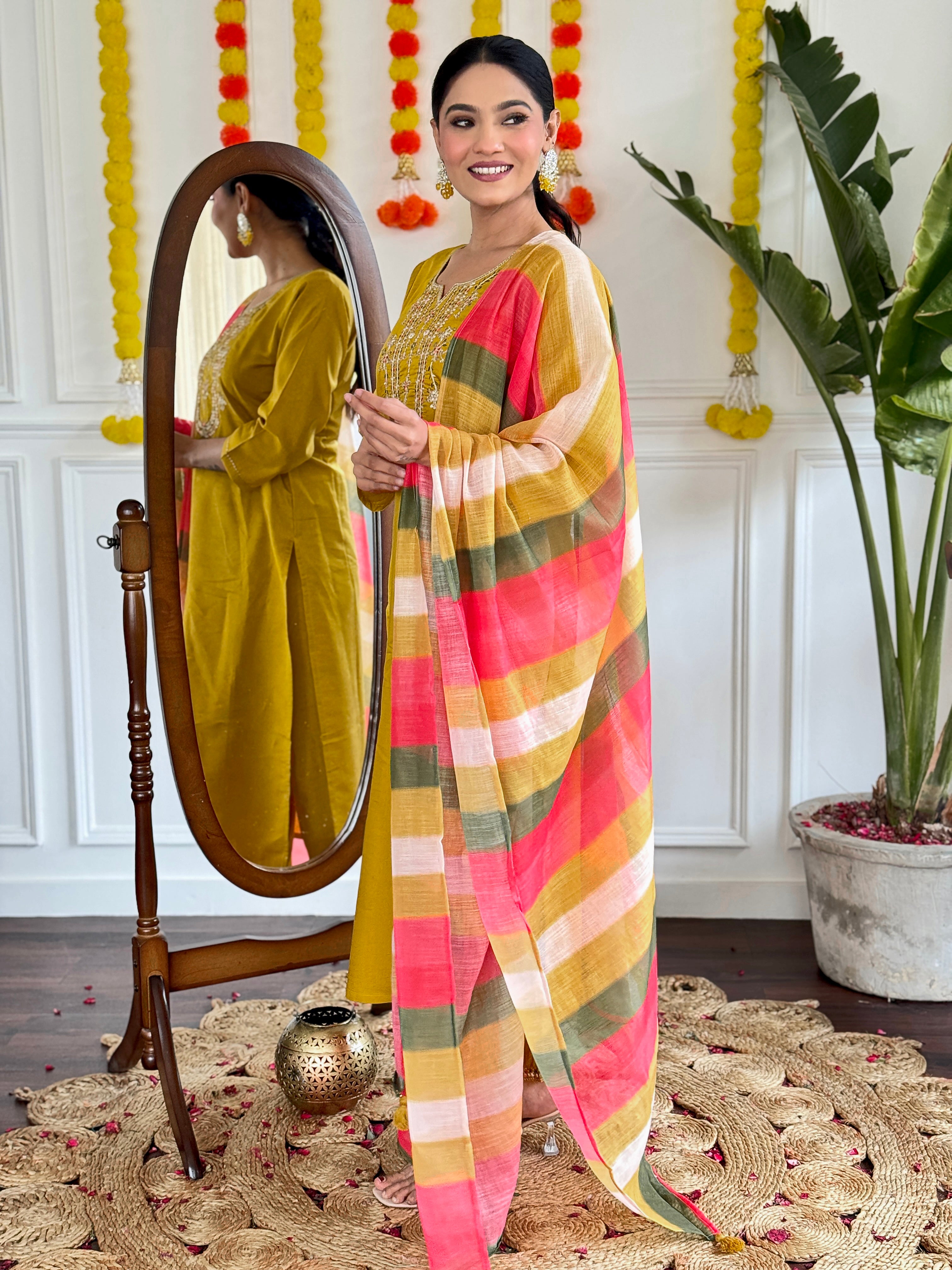 Yellow Chanderi Kurti Set with Striped Pure Linen Dupatta