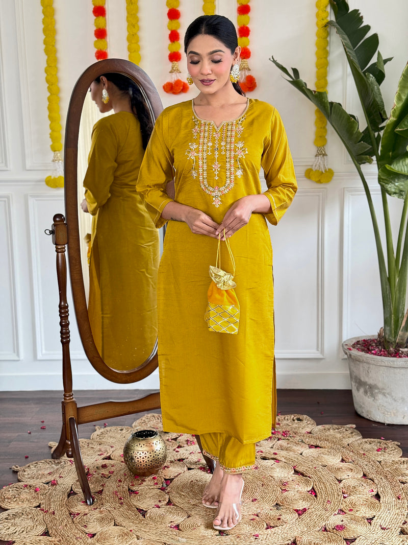Yellow Chanderi Kurti Set with Striped Pure Linen Dupatta