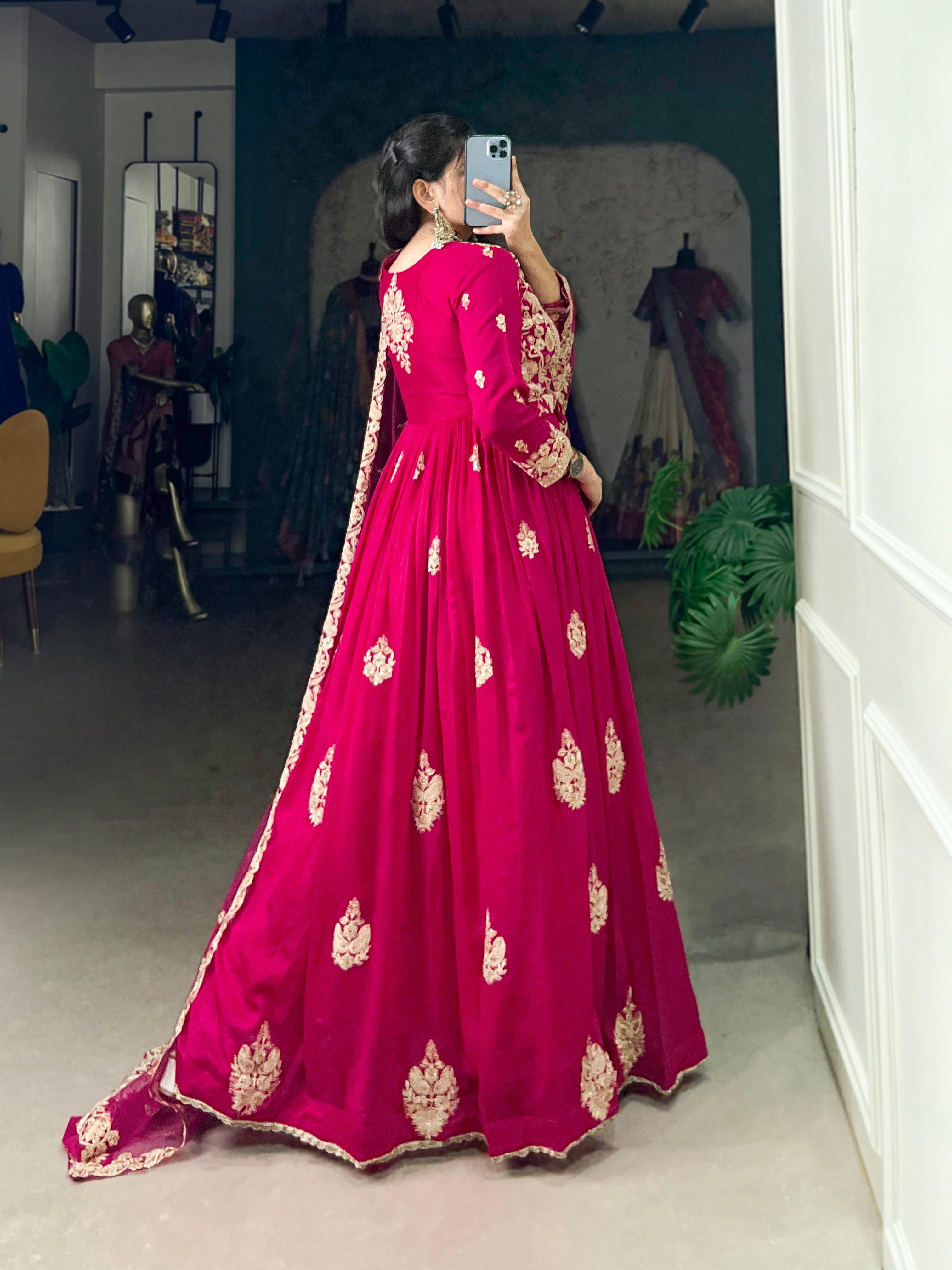 Pink Pure Vichitra Silk
Sequins and Thread Embroidery Work Readymade Gown