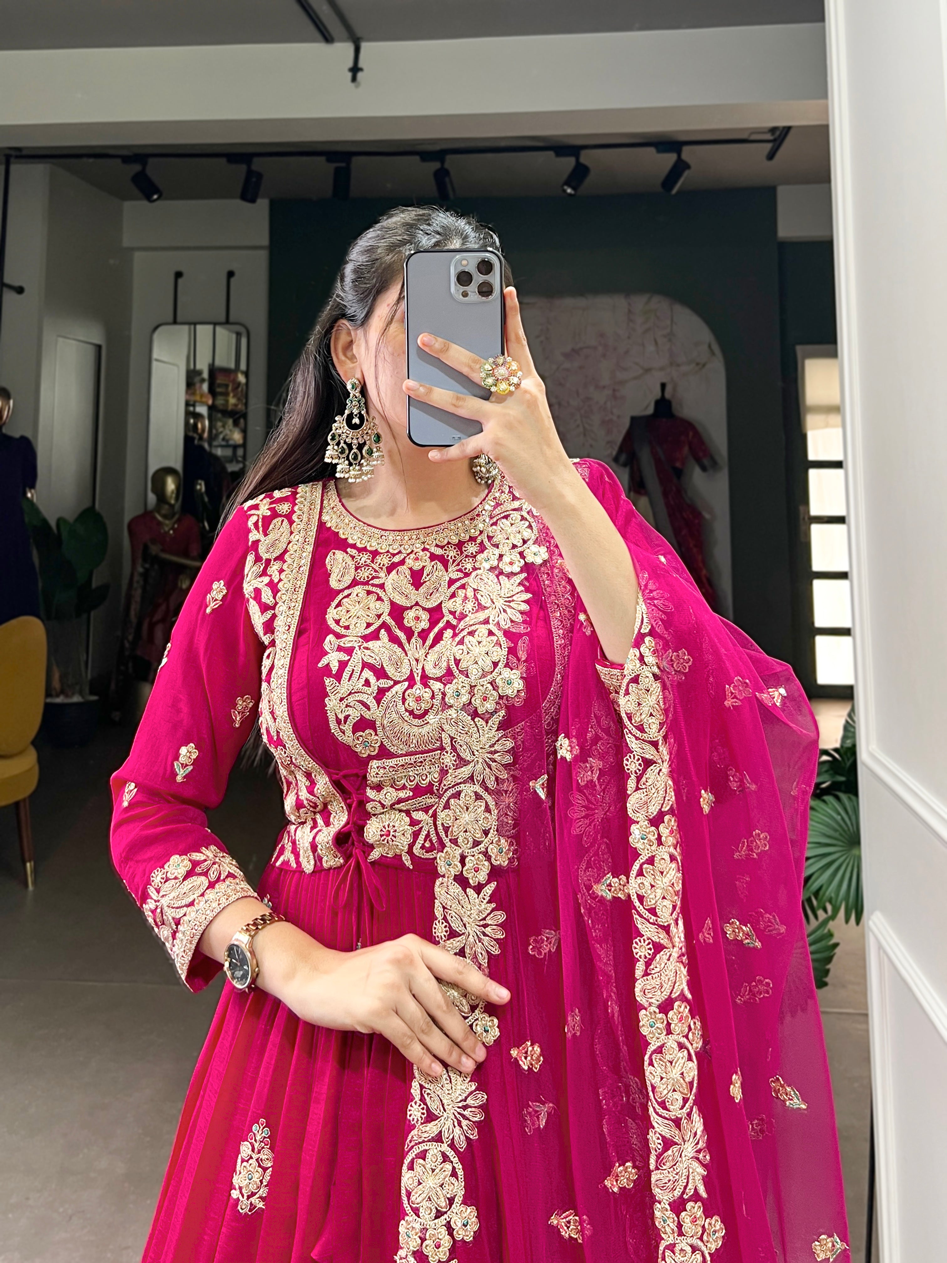 Pink Pure Vichitra Silk
Sequins and Thread Embroidery Work Readymade Gown