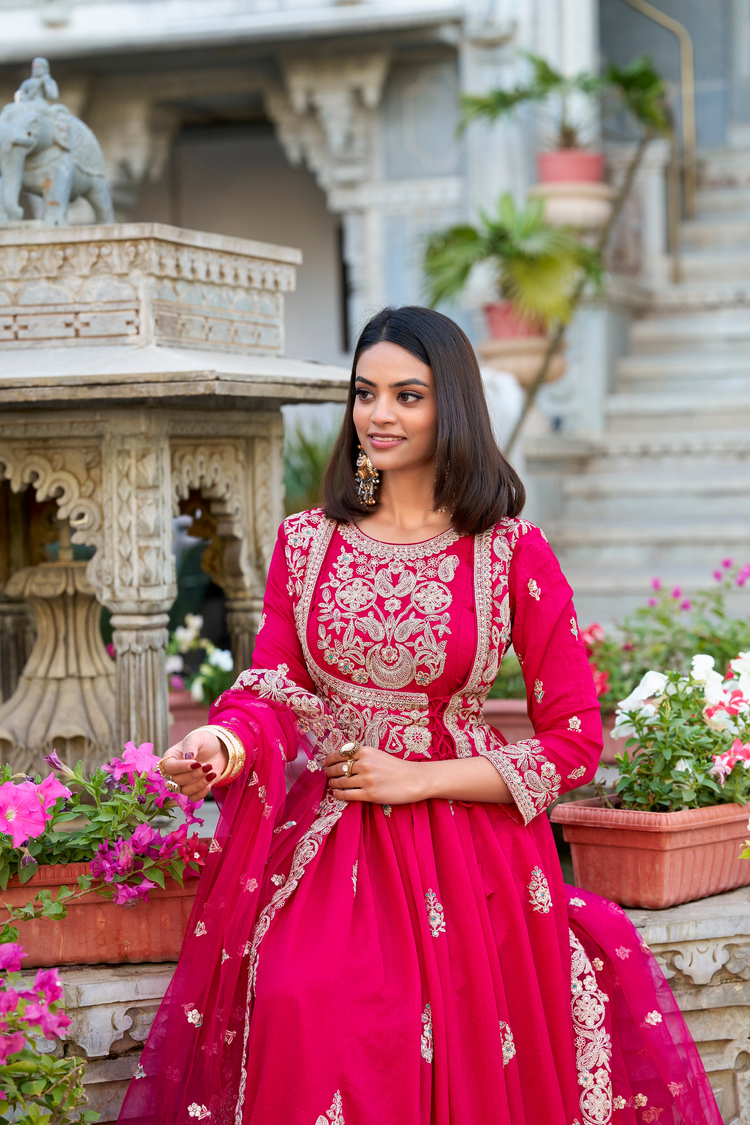 Pink Pure Vichitra Silk
Sequins and Thread Embroidery Work Readymade Gown