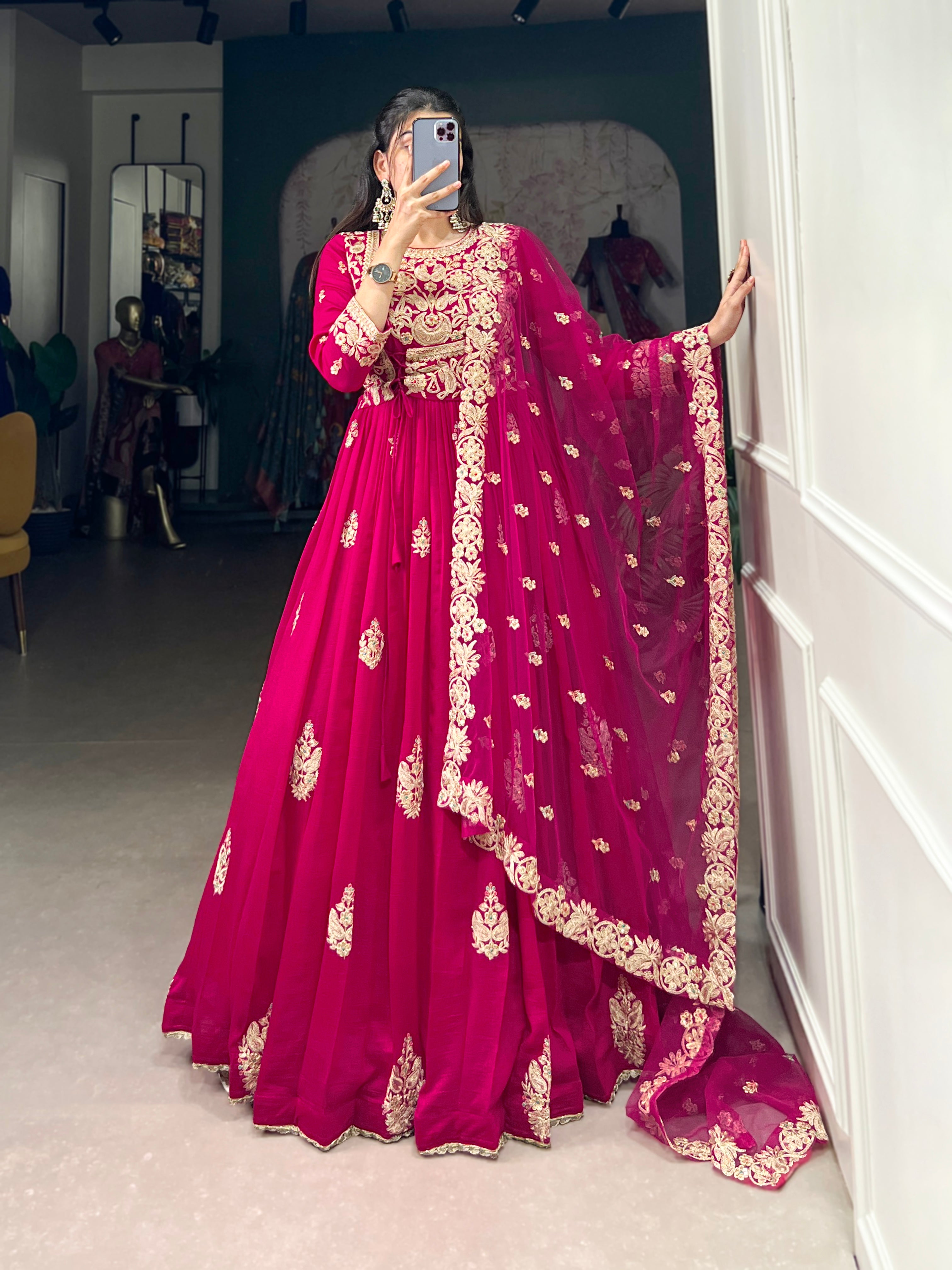 Pink Pure Vichitra Silk
Sequins and Thread Embroidery Work Readymade Gown