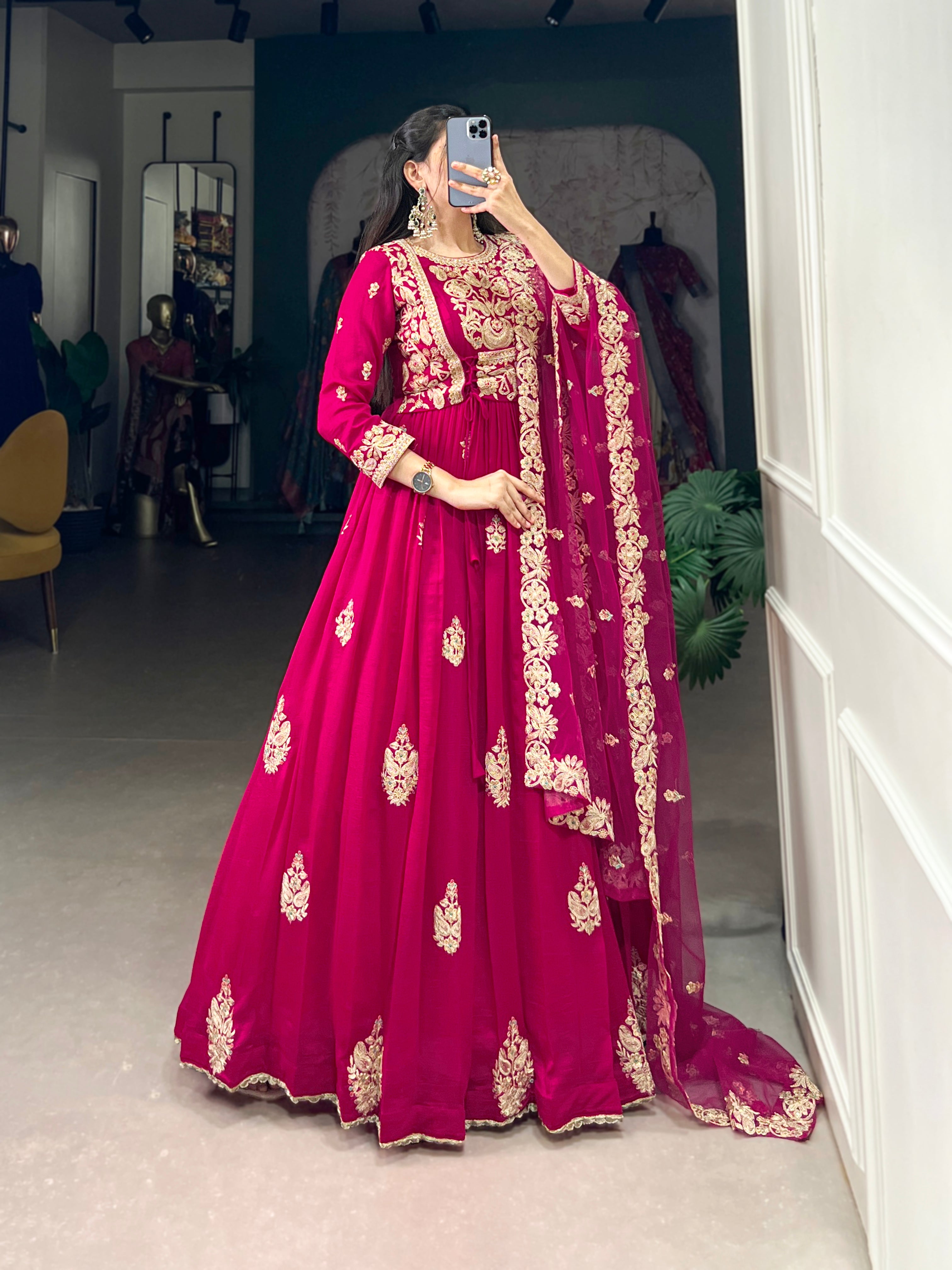 Pink Pure Vichitra Silk
Sequins and Thread Embroidery Work Readymade Gown