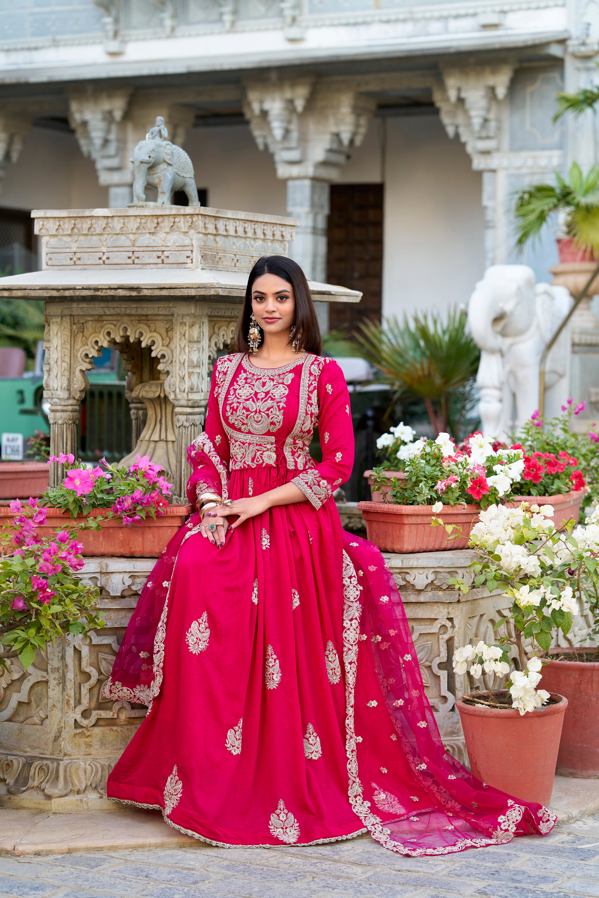 Pink Pure Vichitra Silk
Sequins and Thread Embroidery Work Readymade Gown
