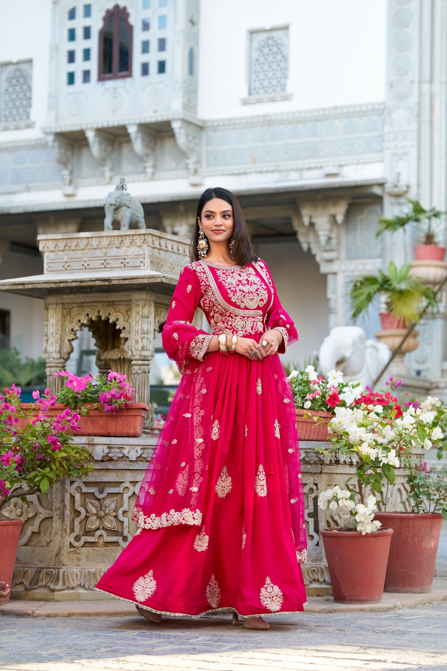 Pink Pure Vichitra Silk
Sequins and Thread Embroidery Work Readymade Gown