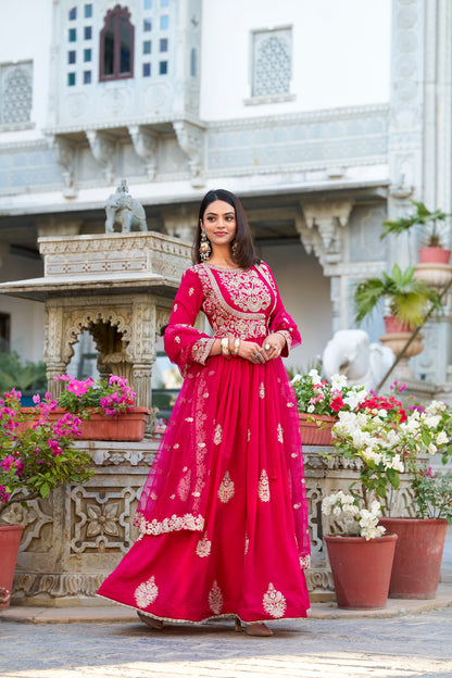 Pink Pure Vichitra Silk
Sequins and Thread Embroidery Work Readymade Gown