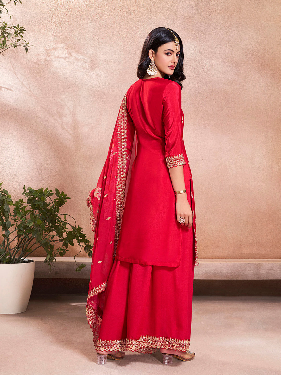 Red Embroidered Chinon Sharara Suit Set with Sequin Work