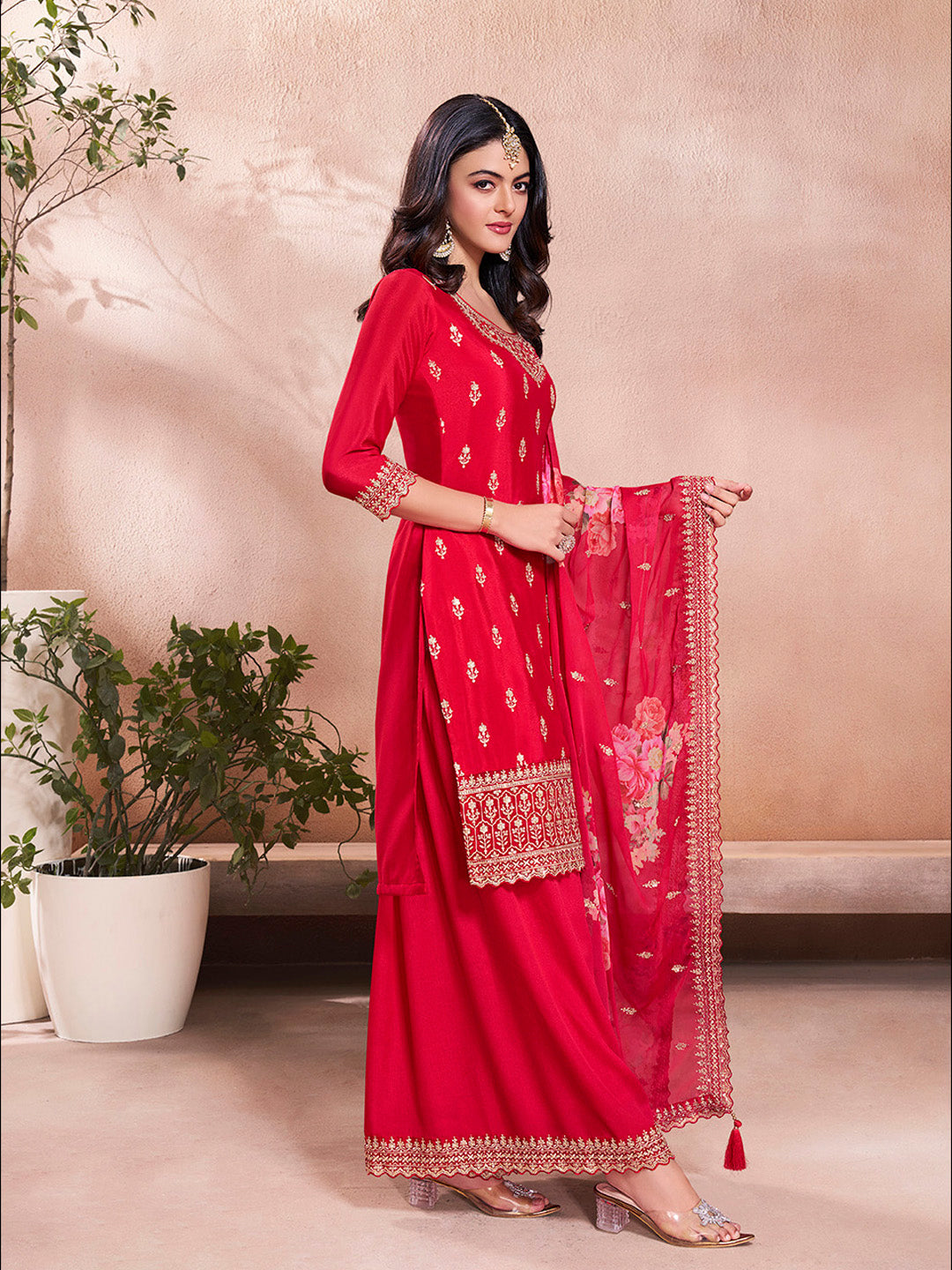 Sequin embroidered red sharara suit with printed chiffon dupatta
