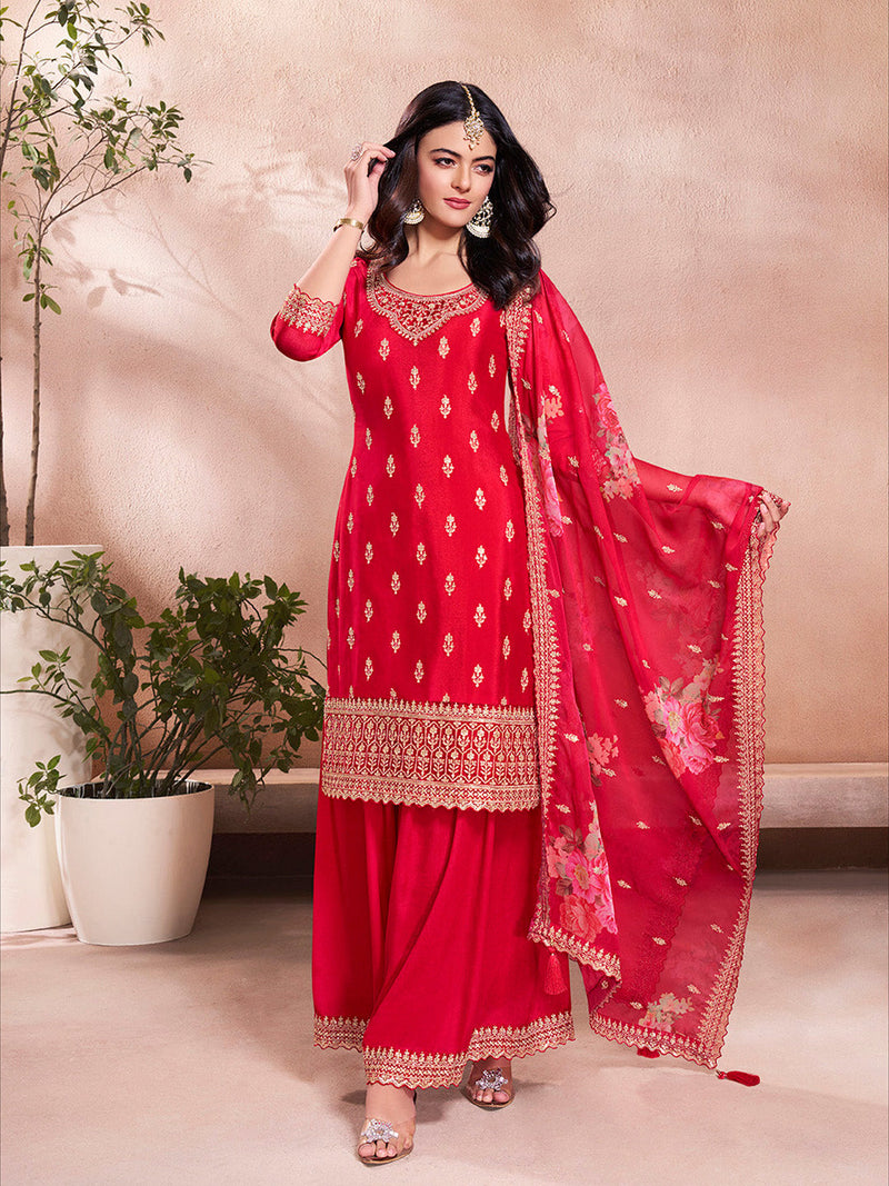 Red embroidered sharara suit with floral chiffon dupatta