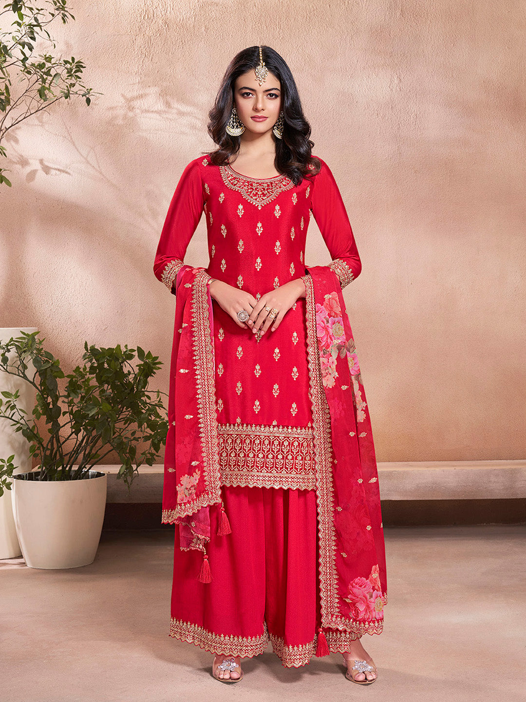 Chinon festive red suit set with embroidery and tassel dupatta