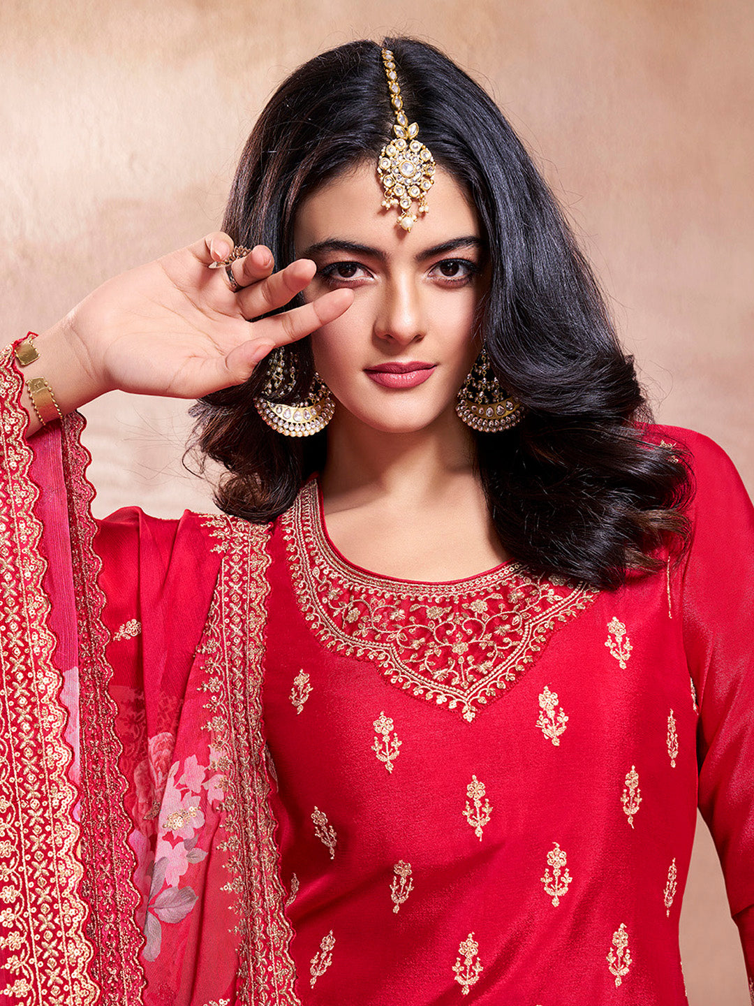 Red embroidered sharara suit with floral chiffon dupatta