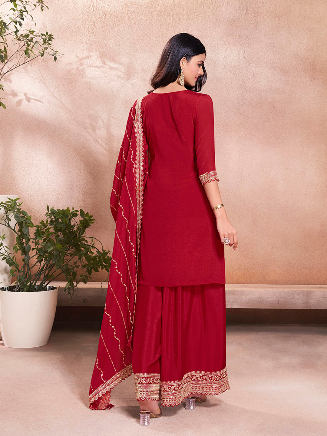 Red Embroidered Chinon Sharara Suit Set