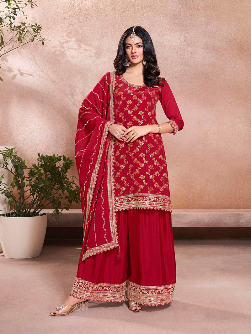 Red embroidered sharara suit with floral jaal and scalloped dupatta