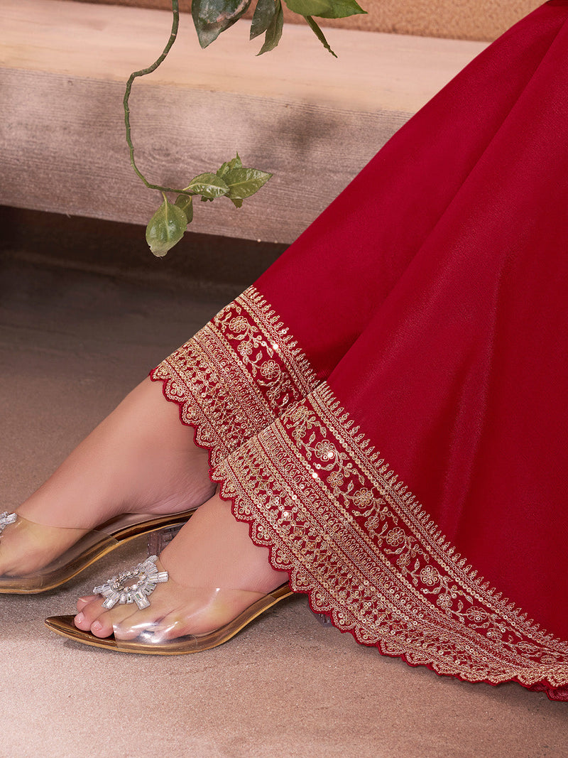 Red bridal sharara outfit with jaal work and Chinon fabric