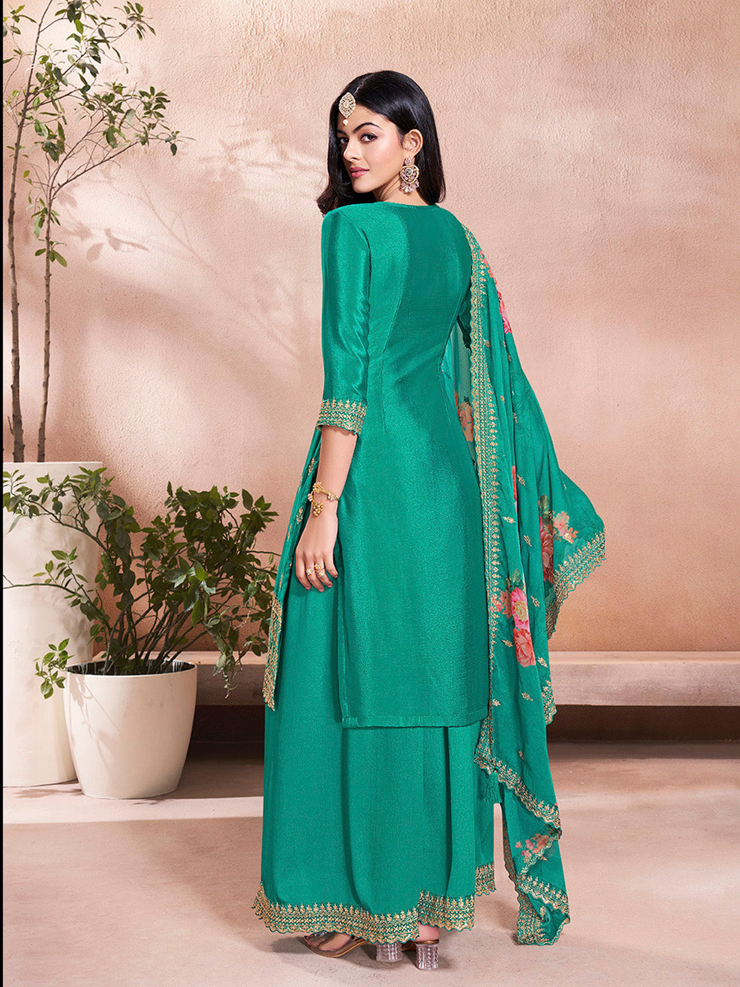 Teal Green Chinon Sharara Suit Set with Embroidery