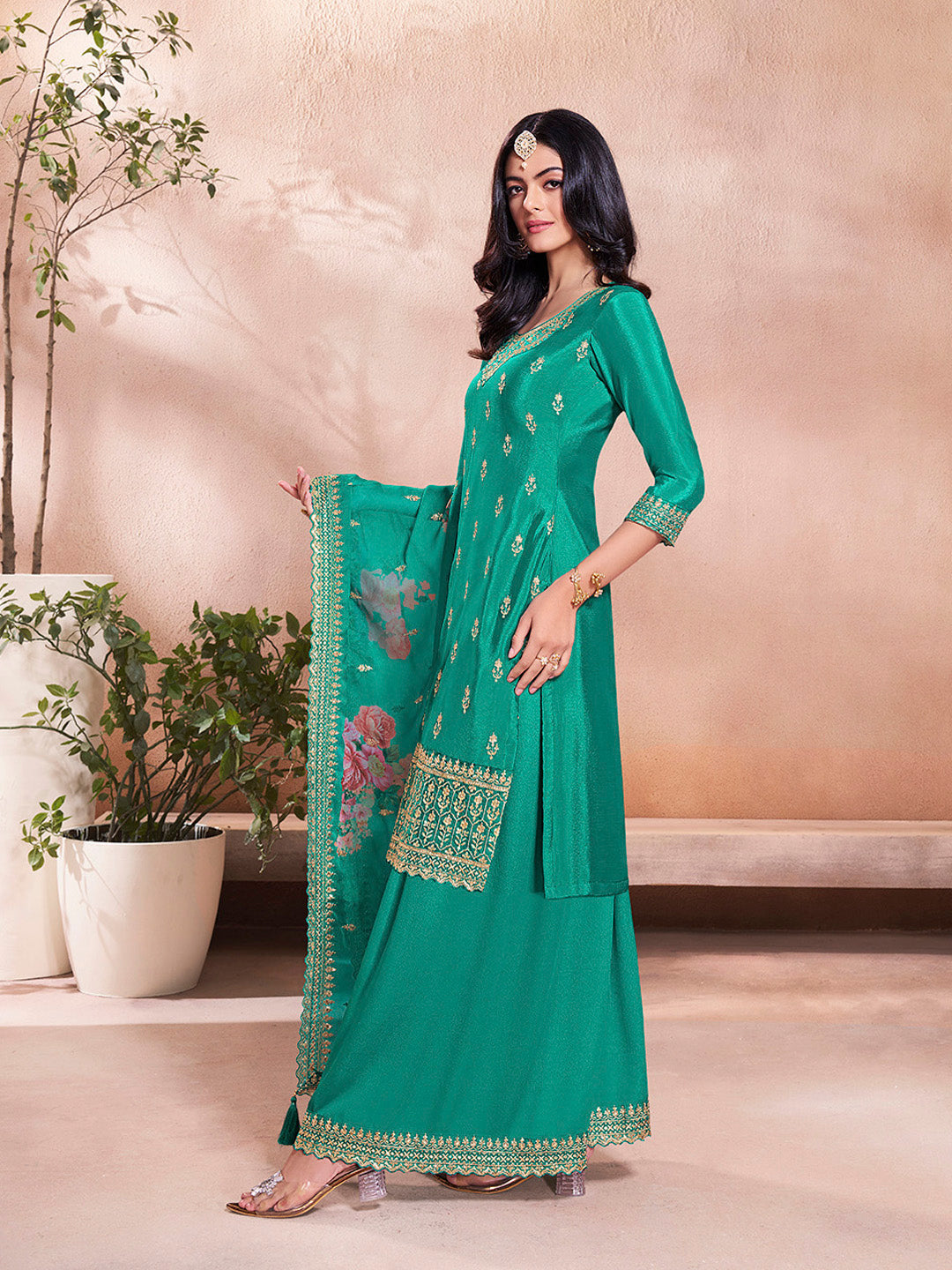 Sequin embroidered sharara suit with floral chiffon dupatta in teal