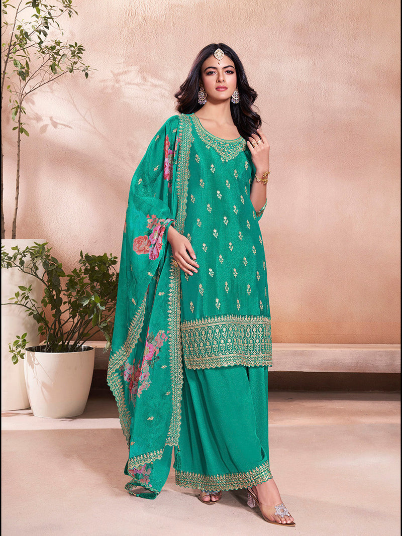 Wedding wear sharara dress in teal green with heavy embroidery