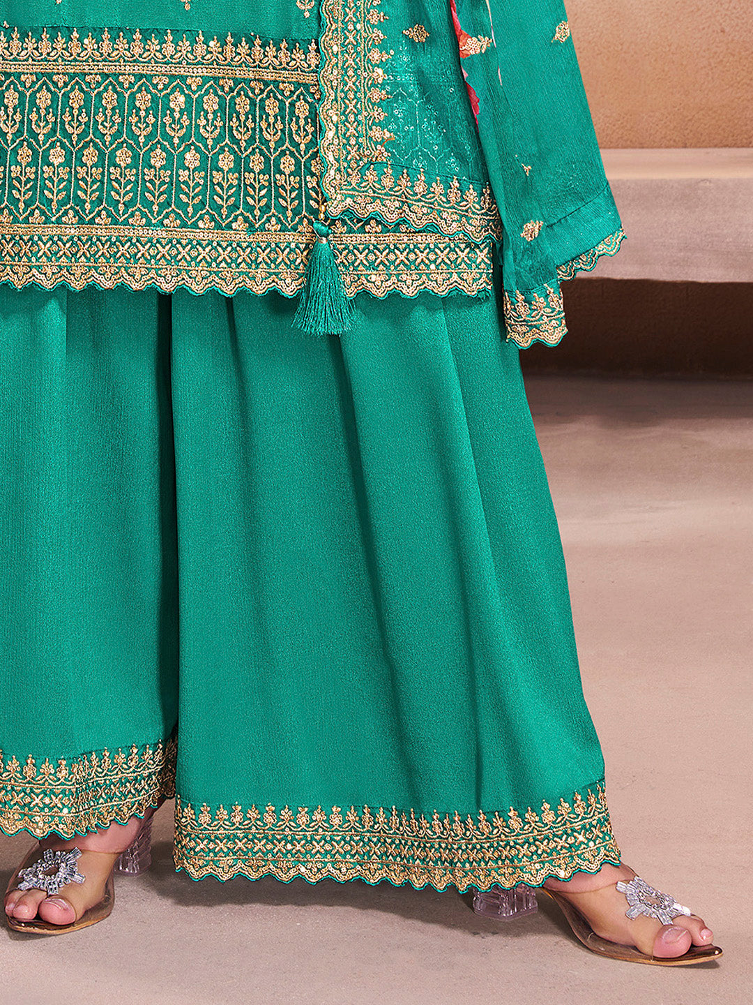 Teal Green Chinon Sharara Suit Set with Embroidery