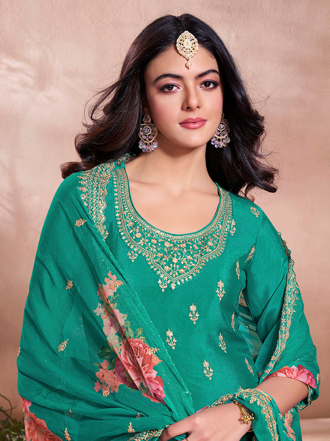 Designer teal sharara suit with scalloped dupatta for women