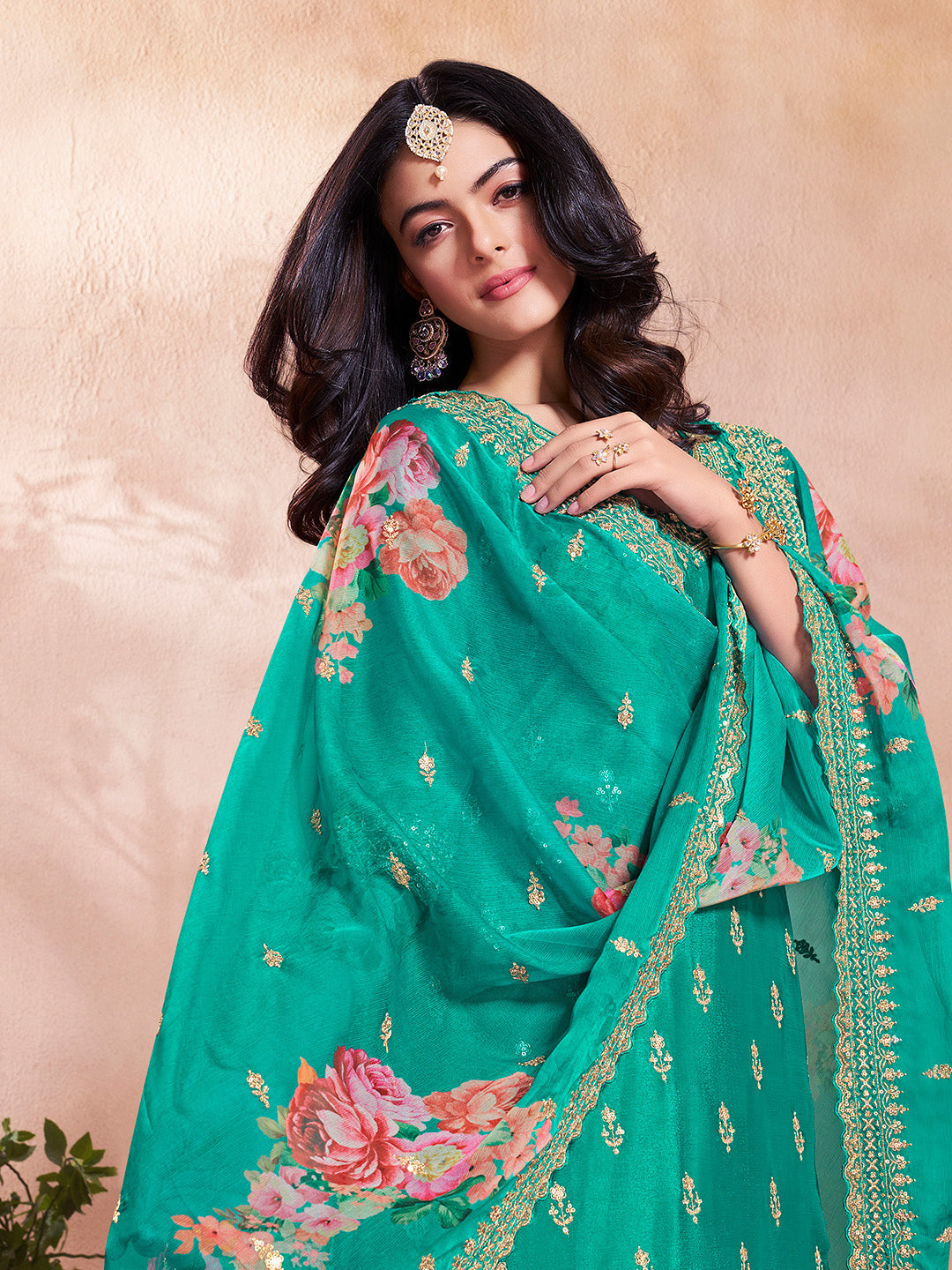 Teal green embroidered sharara suit with floral printed dupatta