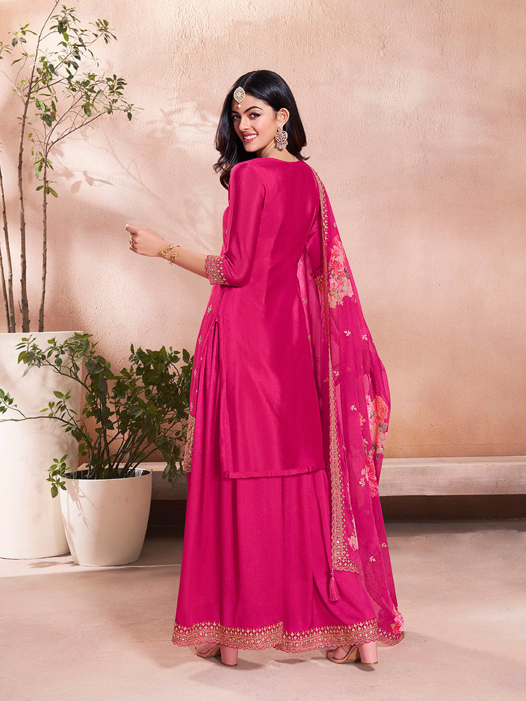 Rani Pink Chinon Embroidered Sharara Suit with Floral Printed Dupatta