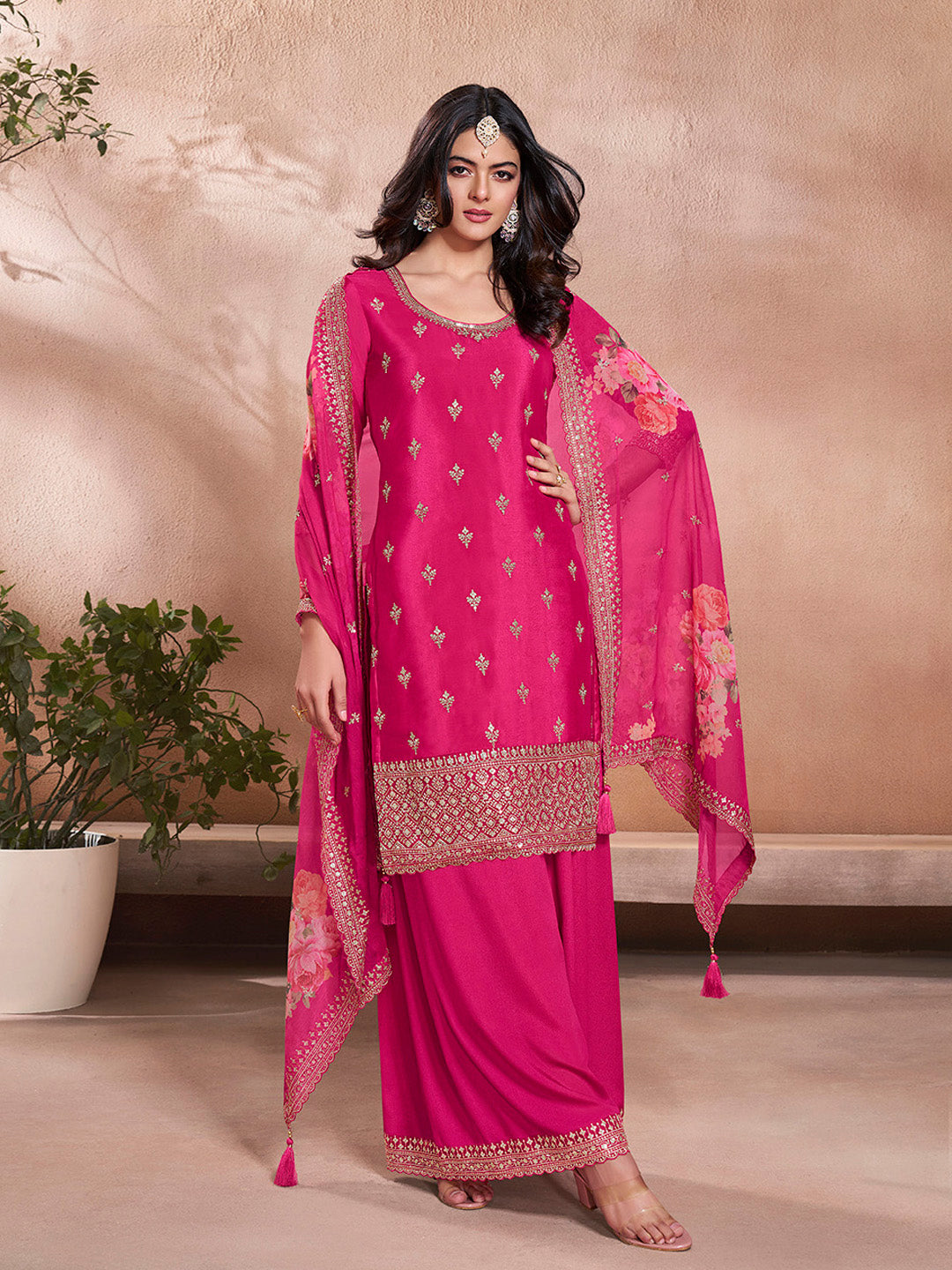 Rani Pink Chinon Embroidered Sharara Suit with Floral Dupatta