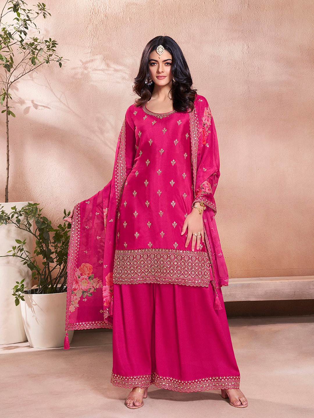 Designer Chinon Kurta Sharara Suit in Rani Pink