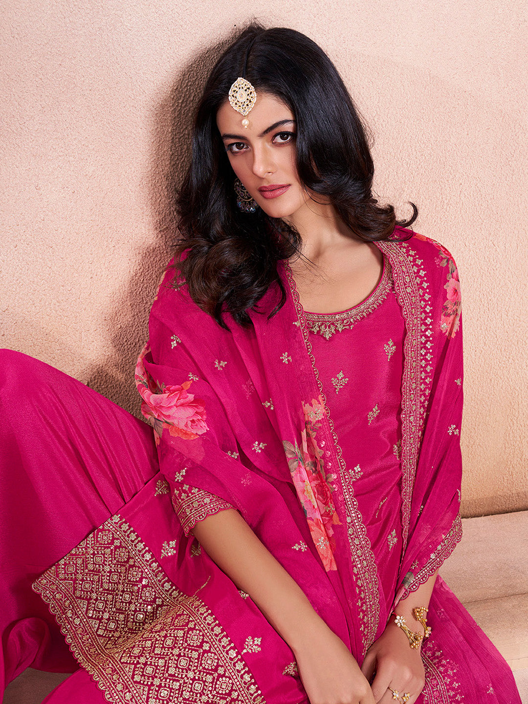 Rani Pink Chinon Embroidered Sharara Suit with Floral Dupatta