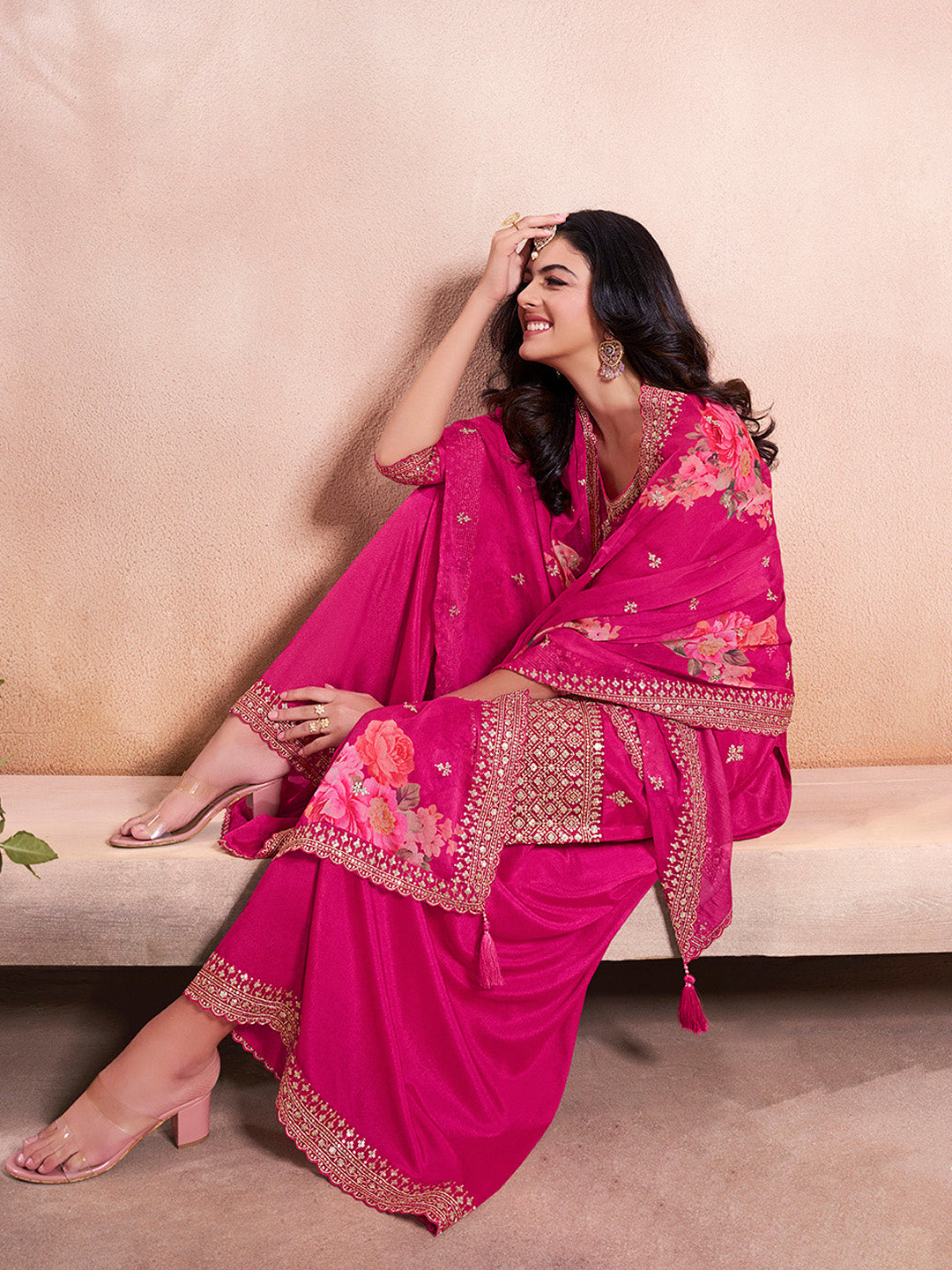 Floral Printed Dupatta with Sequin Embroidered Kurta Set