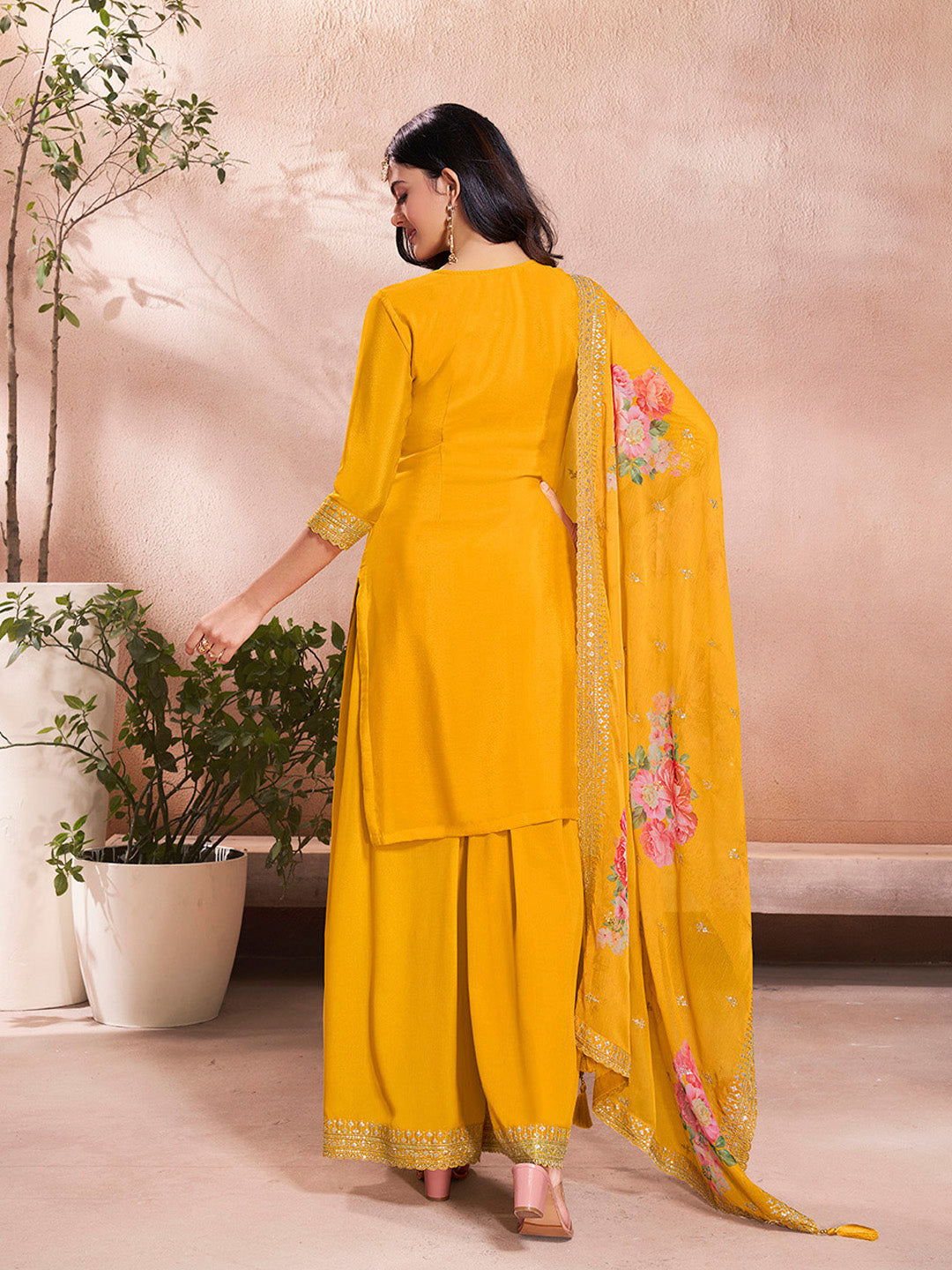 Mustard Yellow Chinon Sharara Suit Set with Embroidery