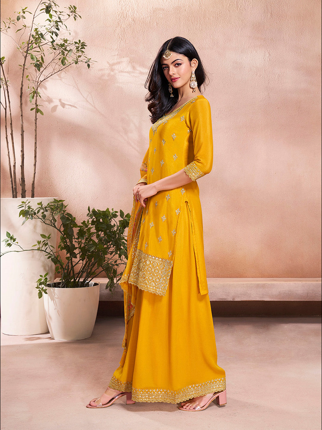Embroidered wedding sharara dress in mustard yellow
