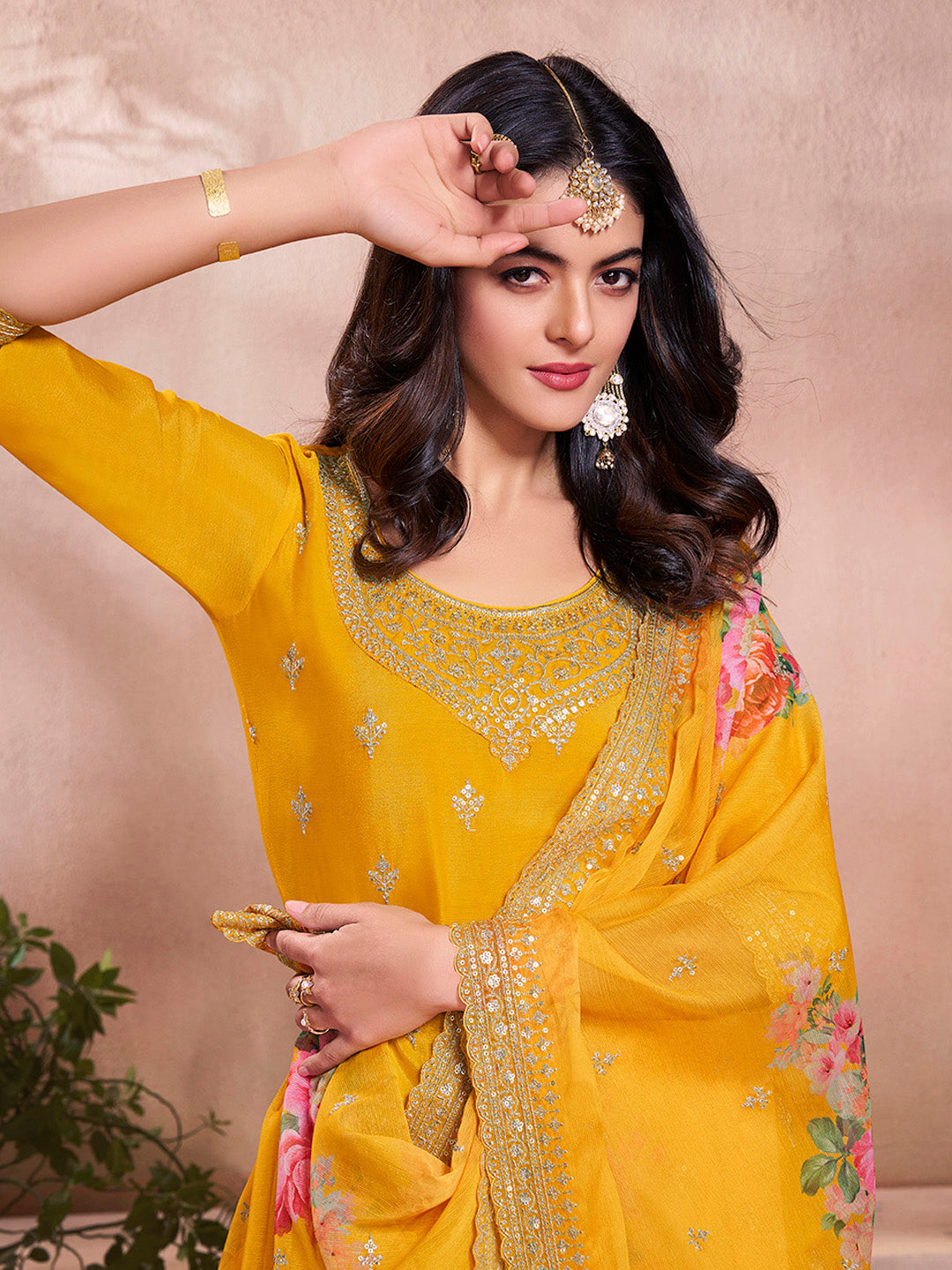 Mustard yellow sharara suit with sequin embroidery and floral dupatta