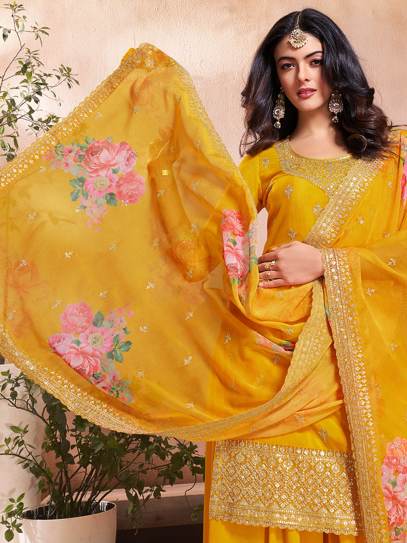Designer sequin sharara suit for women in yellow