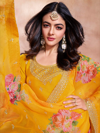 Mustard sharara suit with digital floral printed dupatta