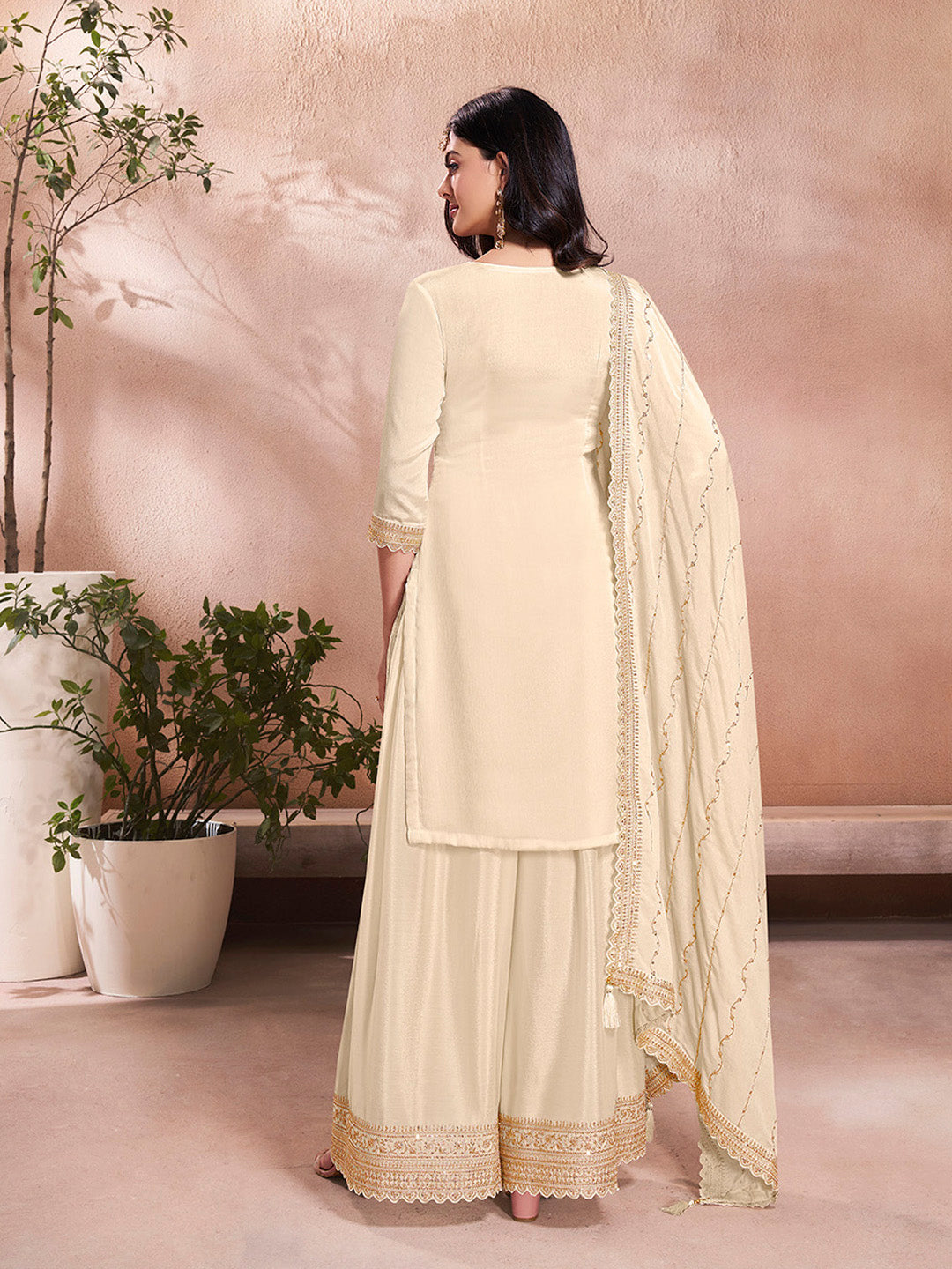 Beige Embroidered Chinon Sharara Suit Set