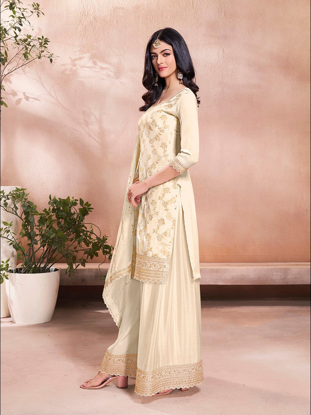 Premium Chinon beige suit set for Indian festive occasions