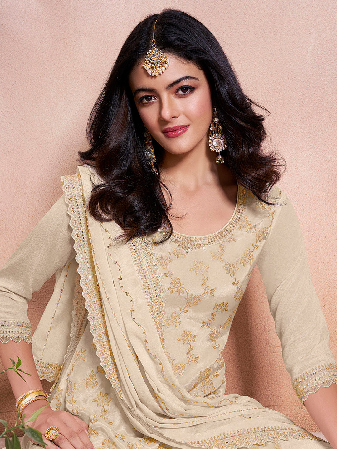 Beige embroidered sharara suit with floral jaal and scalloped dupatta