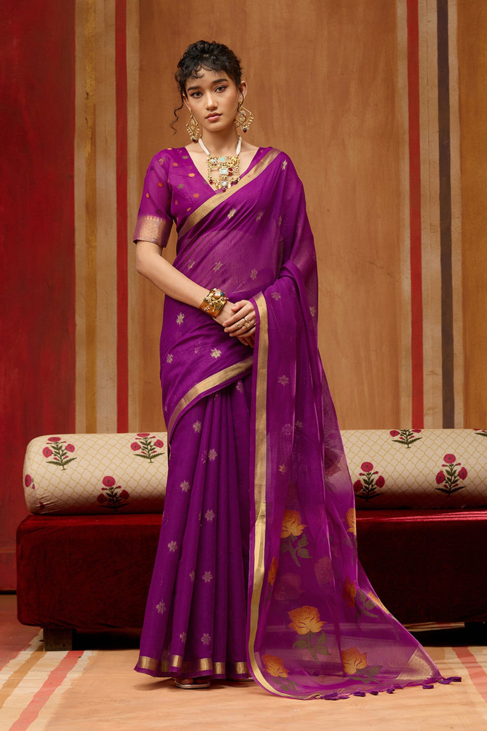 Purple Pure Soft Moonga Cotton Handloom Saree ##color## Cotton Saree with premium fabric and embroidery