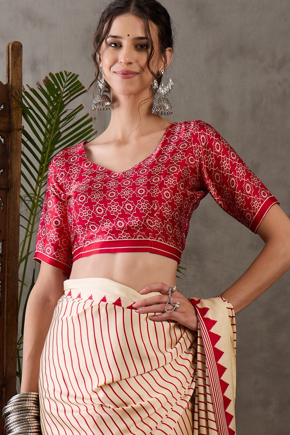 Almond Cream and Red Printed Satin Gaji Silk Saree ##color## Japan Satin Saree with premium fabric and embroidery