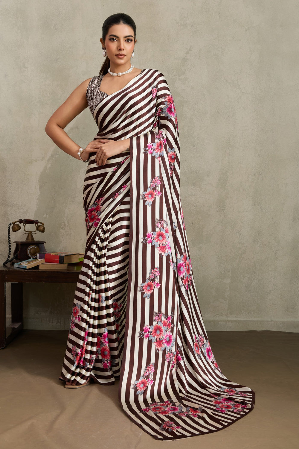 Umber Brown Pure Soft Modal Satin Ajrakh Print Satin Saree Japan Satin Saree Anant Tex Exports Pvt.Ltd..