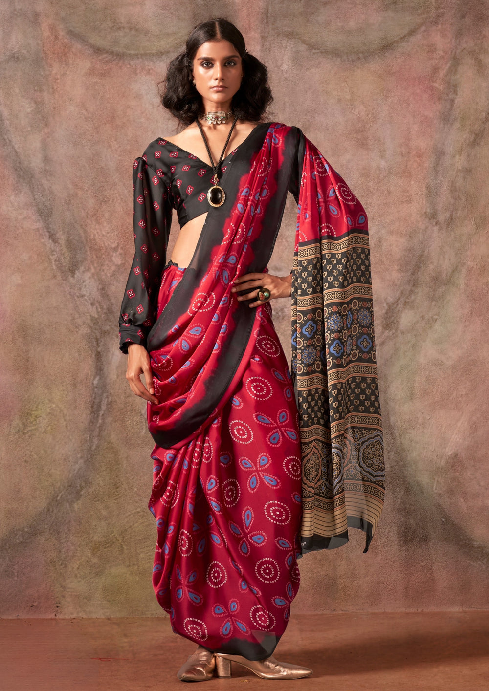 Red Ajrakh Printed Satin Georgette Silk Saree ##color## Japan Satin Saree with premium fabric and embroidery