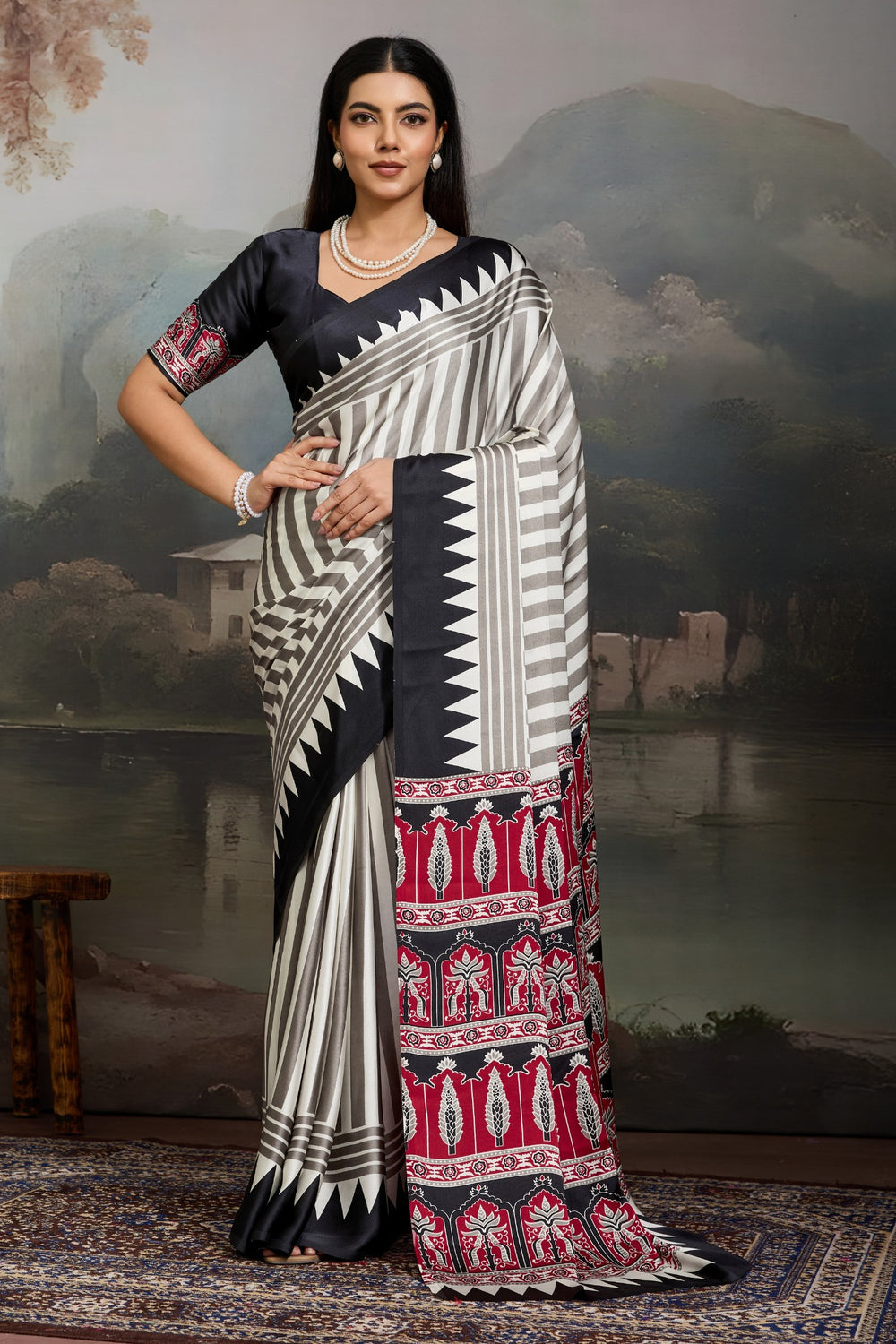 White and Black Pure Ajrakh Printed Satin Crepe Silk Saree 