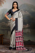 White and Black Pure Ajrakh Printed Satin Crepe Silk Saree 