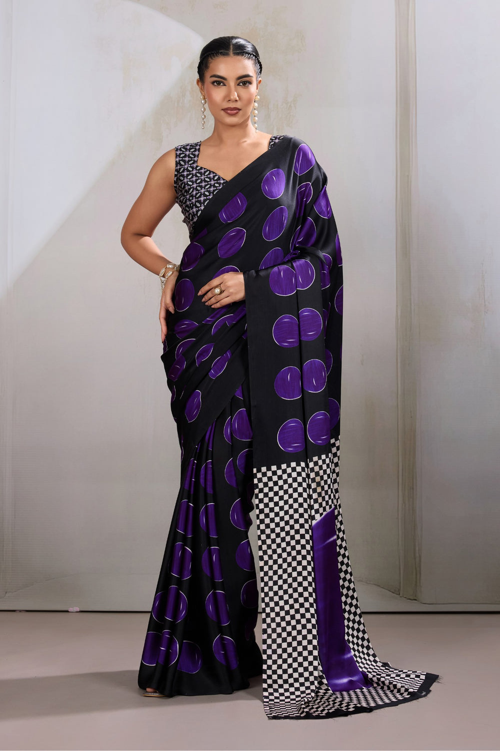 Blue Printed Polka Dots Satin Crepe Saree ##color## Floral Printed Saree with premium fabric and embroidery