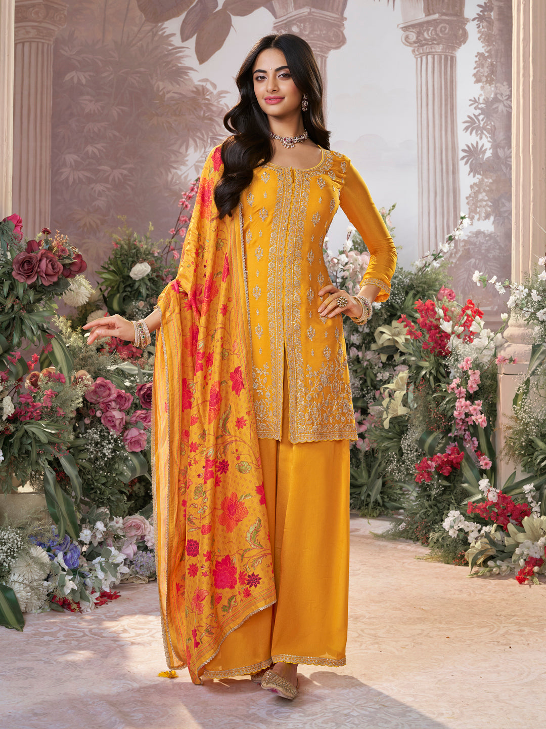 Mustard Chinon Embroidered Straight Kurta Sharara Set Sharara Suit Anant Tex Exports Pvt.Ltd..